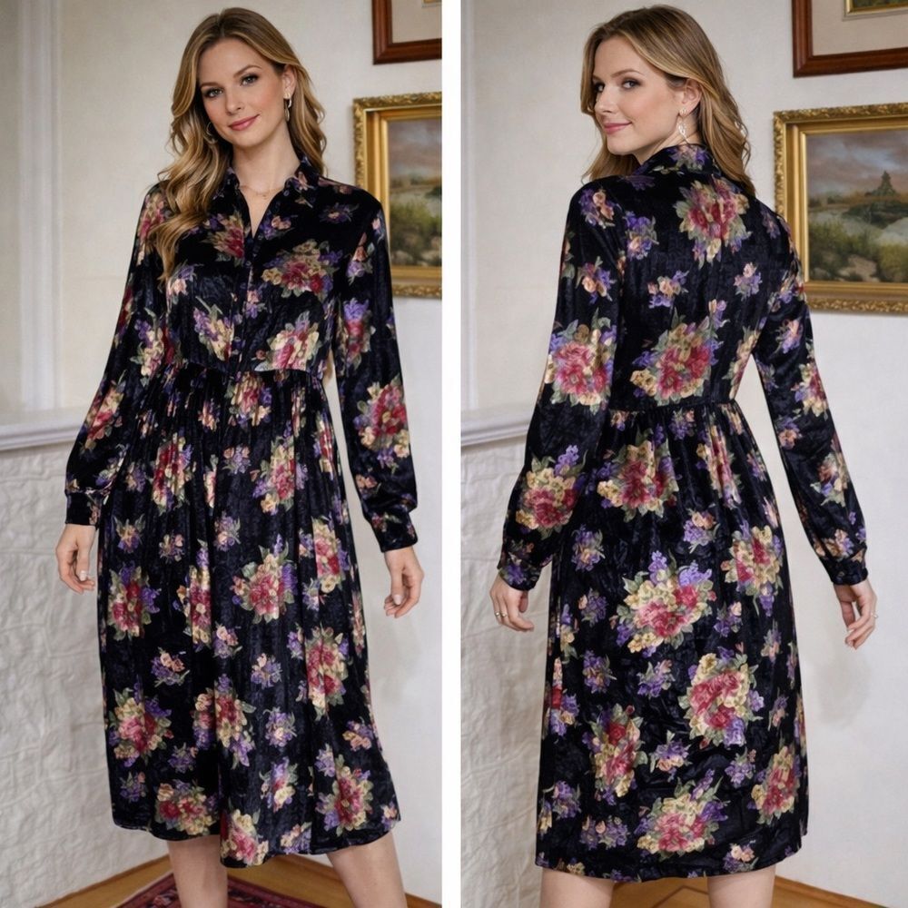 Vintage April Cornell Boho Velvet Floral Dress